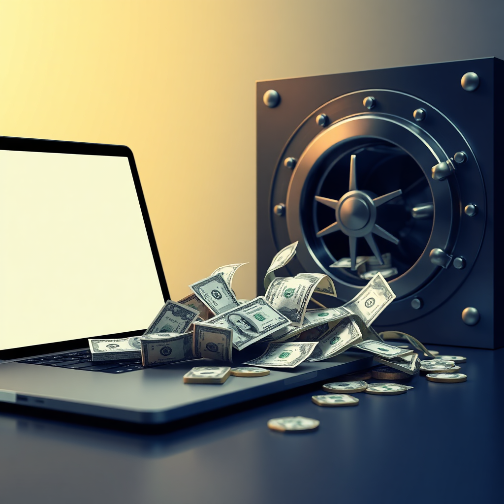 An image showing a flow of money going from laptop to bank vault. Technical specs: 4K resolution, high quality.