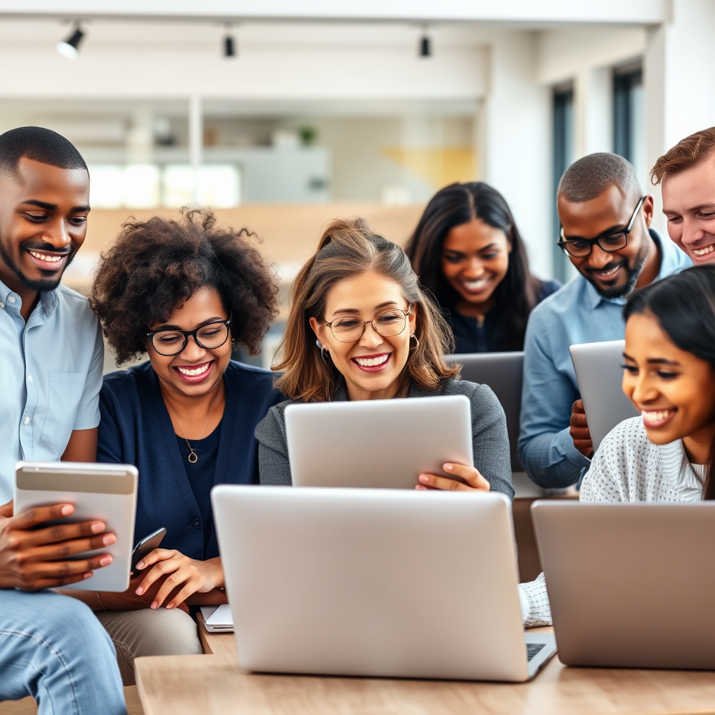 An image showing diverse people of different ages and backgrounds using laptops, suggesting accessibility and ease of use. The atmosphere is inclusive and encouraging. The background is a modern co-working space. The lighting is natural and bright. 4k, photorealistic.