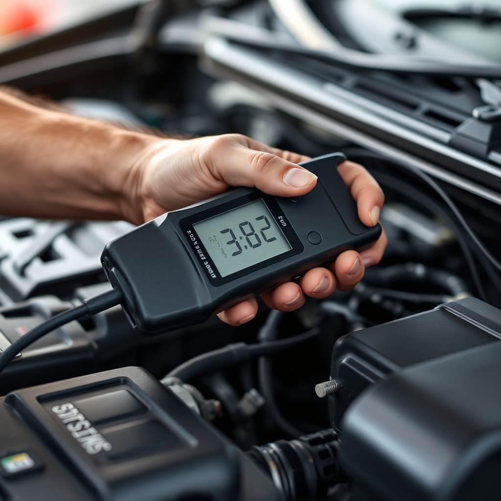 Close-up shot of a mechanic's hands expertly using a diagnostic tool on a car engine. Focus on the precision and skill.