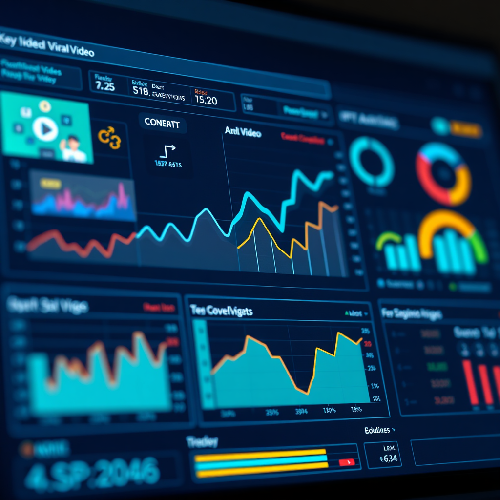 Create a photorealistic image of a digital dashboard displaying real-time analytics for a viral video campaign. The dashboard features graphs, charts, and key performance indicators (KPIs) that track engagement, conversion rates, and ROI. The lighting is cool and professional, with a focus on clarity and readability. The color palette is dominated by blues and greens, with highlights of orange and red to indicate areas of success and improvement. The camera angle is a close-up shot, highlighting the details of the dashboard and the insights it provides. The image should convey the data-driven approach to video marketing and the ability to track and optimize results for maximum impact. Style reference: modern analytics dashboard, emphasis on data visualization.