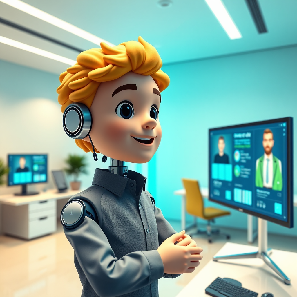 Create a photorealistic image of a customizable AI avatar seamlessly integrated into a modern marketing campaign. The avatar is dynamically changing its appearance and language based on user data, displayed on nearby screens. The environment is a clean, bright, and minimalist office space. The color palette is vibrant and modern, with a focus on blues and greens. The lighting is soft and diffused, creating a welcoming and professional atmosphere. The camera angle is a medium shot, capturing the avatar's expressiveness and the surrounding technology. The image should convey the adaptability and personalization of AI-driven avatar videos, highlighting their power to engage audiences and drive conversions. Focus on a clean, modern aesthetic. Style reference: contemporary tech presentation, emphasis on user experience.