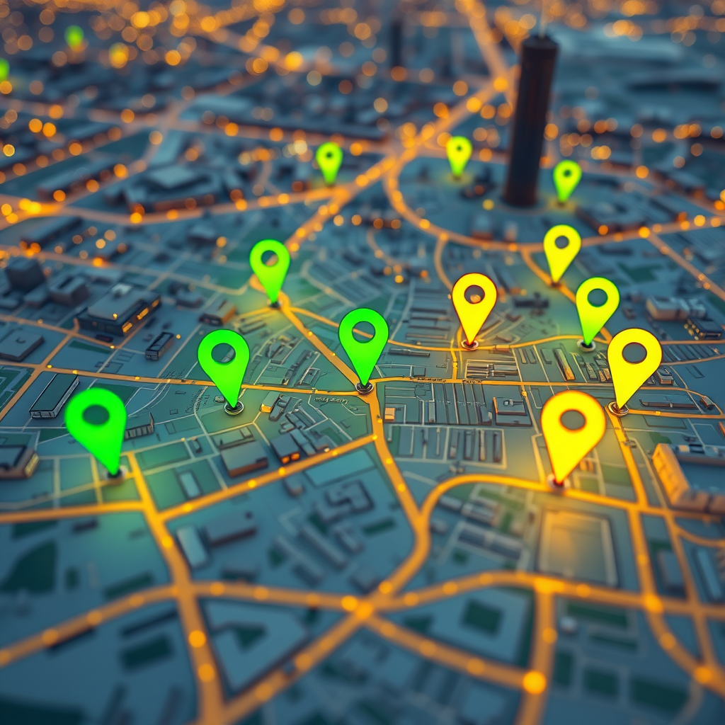 Create a photorealistic image depicting a map of a city with several brightly colored pins marking local businesses. The pins should be glowing and easily visible against the background. The lighting should be warm and inviting, creating a sense of community and accessibility. The color palette should be vibrant and cheerful, using greens, yellows, and oranges to represent local businesses. Capture the scene from a slightly aerial perspective to showcase the layout of the city. Include subtle details such as street names and landmarks to provide context. The style should be clean, modern, and user-friendly, inspired by images of successful local SEO campaigns. 4K resolution, high quality.
