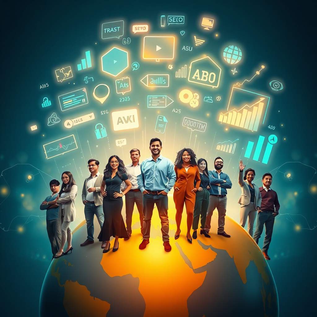 Create a photorealistic image representing the essence of Ai Automation Agency's mission. The scene features a diverse group of individuals standing confidently on a stylized globe. Above them, holographic projections of digital marketing tools and metrics (ads platforms, video editing software, SEO analytics) float dynamically. The lighting is warm and inspiring, casting a glow on the faces of the individuals. The color palette utilizes blues, greens, and golds to represent trust, growth, and success. Capture the scene from a slightly elevated angle to convey a sense of global reach and impact. Include subtle details such as data streams and interconnected nodes to symbolize the interconnectedness of digital marketing. The style should be modern, optimistic, and empowering, inspired by images of global collaboration and technological advancement. 4K resolution, high quality.