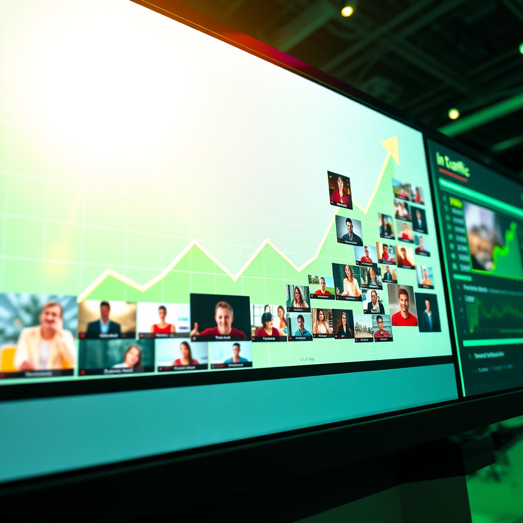 Create a photorealistic image of a website traffic graph dramatically increasing, fueled by a series of viral video thumbnails. The graph is displayed on a large screen, with arrows pointing upwards to indicate the surge in traffic. The video thumbnails are arranged around the graph, showcasing the diverse range of content that is driving the traffic. The lighting is bright and energetic, creating a sense of excitement and momentum. The color palette is vibrant and modern, with a focus on greens and yellows to indicate growth and success. The camera angle is a close-up shot, highlighting the details of the graph and the video thumbnails. The image should convey the power of AI-generated videos to drive traffic to a website. Style reference: website analytics dashboard, emphasis on visual impact.