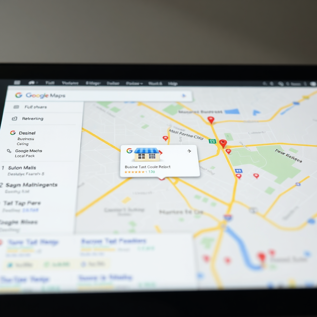 Create a photorealistic image of a Google Maps search result page. In the results, a specific business is highlighted in the top three 'local pack' listings. The business's listing should be noticeably more prominent and visually appealing than the other search results. The map interface should be clean and modern, with clear visuals representing the business's location and its surroundings. Lighting: Bright and focused, emphasizing the highlighted business. Color Palette: Use Google's brand colors (blue, green, yellow, red) sparingly to highlight key elements. Camera angle: A direct, eye-level view of the search results page, simulating the user's perspective. Environment: A digital environment simulating a search results page on a desktop or mobile device. Style references: Clean and modern, with a focus on user-friendliness. Technical specs: 4K resolution, high quality rendering.