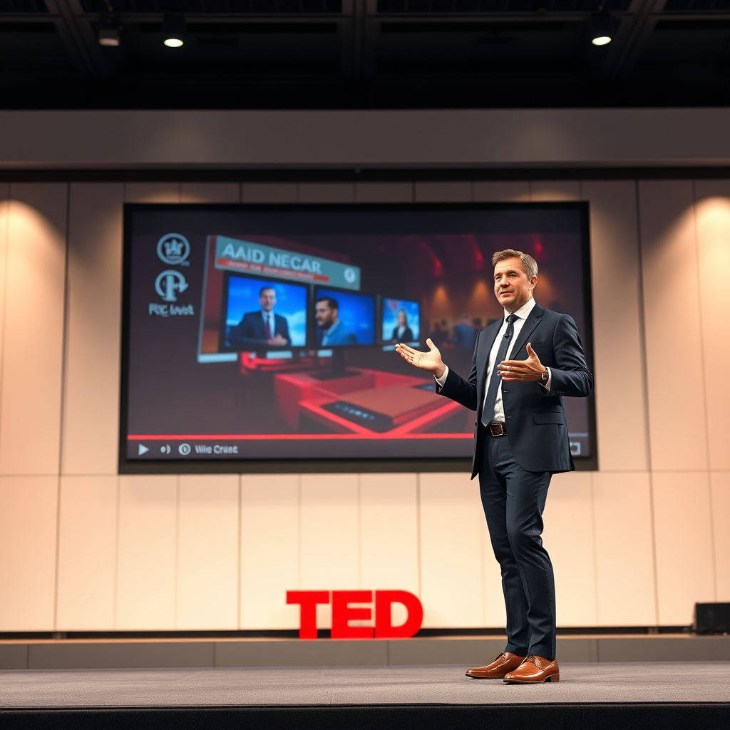 Create a photorealistic image of a business executive confidently presenting on stage, with a large screen behind him displaying a professional-looking AI-generated video. The setting is a modern conference hall, with soft lighting and a sophisticated atmosphere. The color palette is dominated by neutral tones, with pops of vibrant color from the video display. The camera angle is a medium shot, capturing the executive's demeanor and the video's impact. The image should convey the professionalism and authority that AI-generated videos can bring to a business presentation. Style reference: TED Talk, emphasis on confidence and expertise.