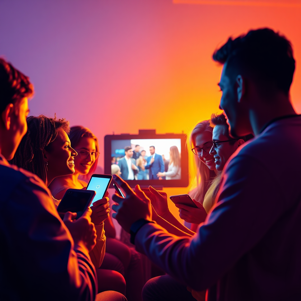 Create a stylized image depicting a diverse group of people watching a captivating video on various devices (smartphones, tablets, laptops). The video screen should be brightly lit and display engaging content. The lighting should be warm and inviting, creating a sense of excitement and connection. The color palette should be vibrant and eye-catching, using a variety of colors to represent different video genres. Capture the scene from a slightly elevated angle to showcase the diversity of the audience. Include subtle details such as smiles and nods to convey engagement. The style should be modern, dynamic, and visually appealing, inspired by images of viral video marketing campaigns. 4K resolution, high quality.