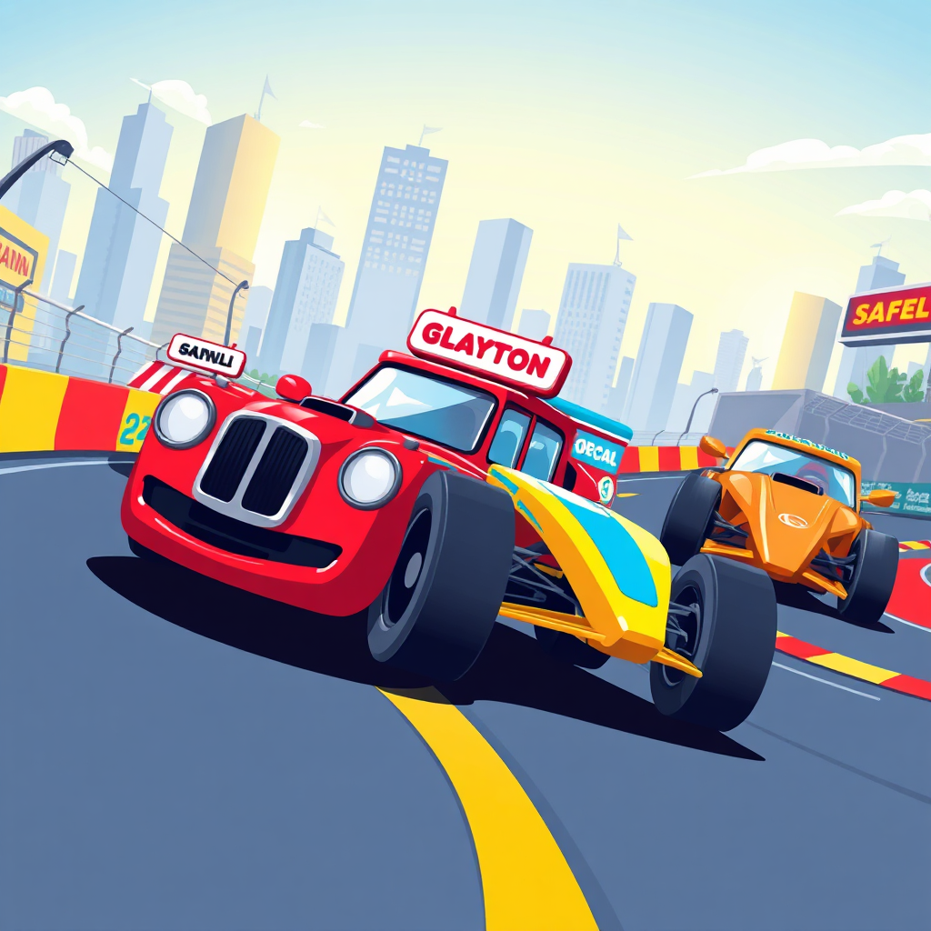 Create a stylized image depicting a race with three businesses represented as race cars. One car is clearly in the lead, symbolizing the business that dominates the local search results. The other two cars are trailing behind. The background shows a stylized cityscape. Lighting: Dynamic and energetic, emphasizing the competitive nature of the race. Color Palette: Bright and bold colors, with a focus on red, yellow, and blue to represent the intensity of the competition. Camera Angle: A low-angle shot, emphasizing the speed and power of the leading race car. Environment: A stylized race track winding through a cityscape. Style references: Cartoonish style with a focus on clear and concise visuals. Technical specs: 4K resolution, high quality rendering.