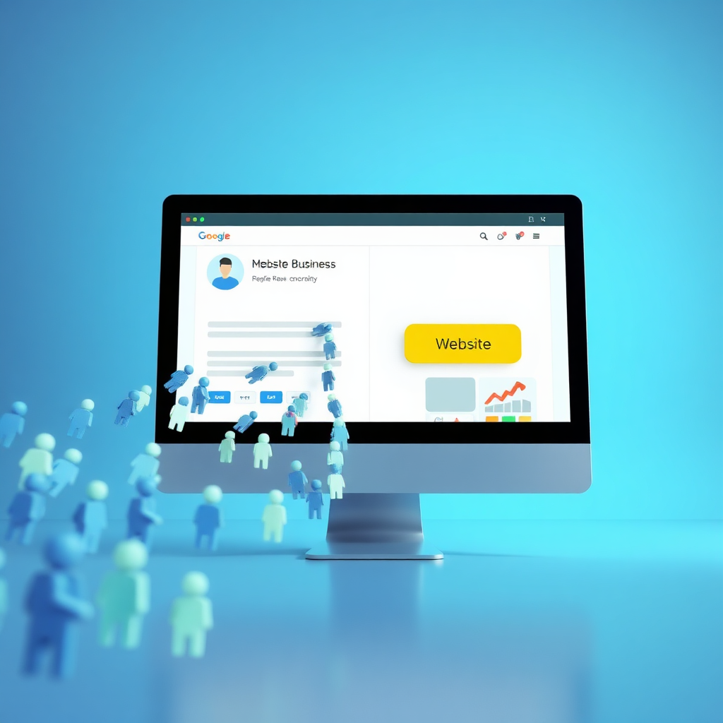 Create a stylized image representing website traffic flowing from a Google Business Profile listing to a website. The image should show a Google Business Profile panel with a prominent 'Website' button. A stream of stylized icons representing customers is flowing from the button towards a computer screen displaying a website. The website's design should be clean and modern. Lighting: Soft and inviting, symbolizing the seamless flow of traffic. Color Palette: Use a combination of blue and green to represent trust and growth, with a touch of yellow to highlight the 'Website' button. Camera angle: A slightly angled view, emphasizing the connection between the Google Business Profile and the website. Environment: A digital environment simulating the flow of traffic. Style references: Modern and user-friendly, with a focus on clear and concise visuals. Technical specs: 4K resolution, high quality rendering.
