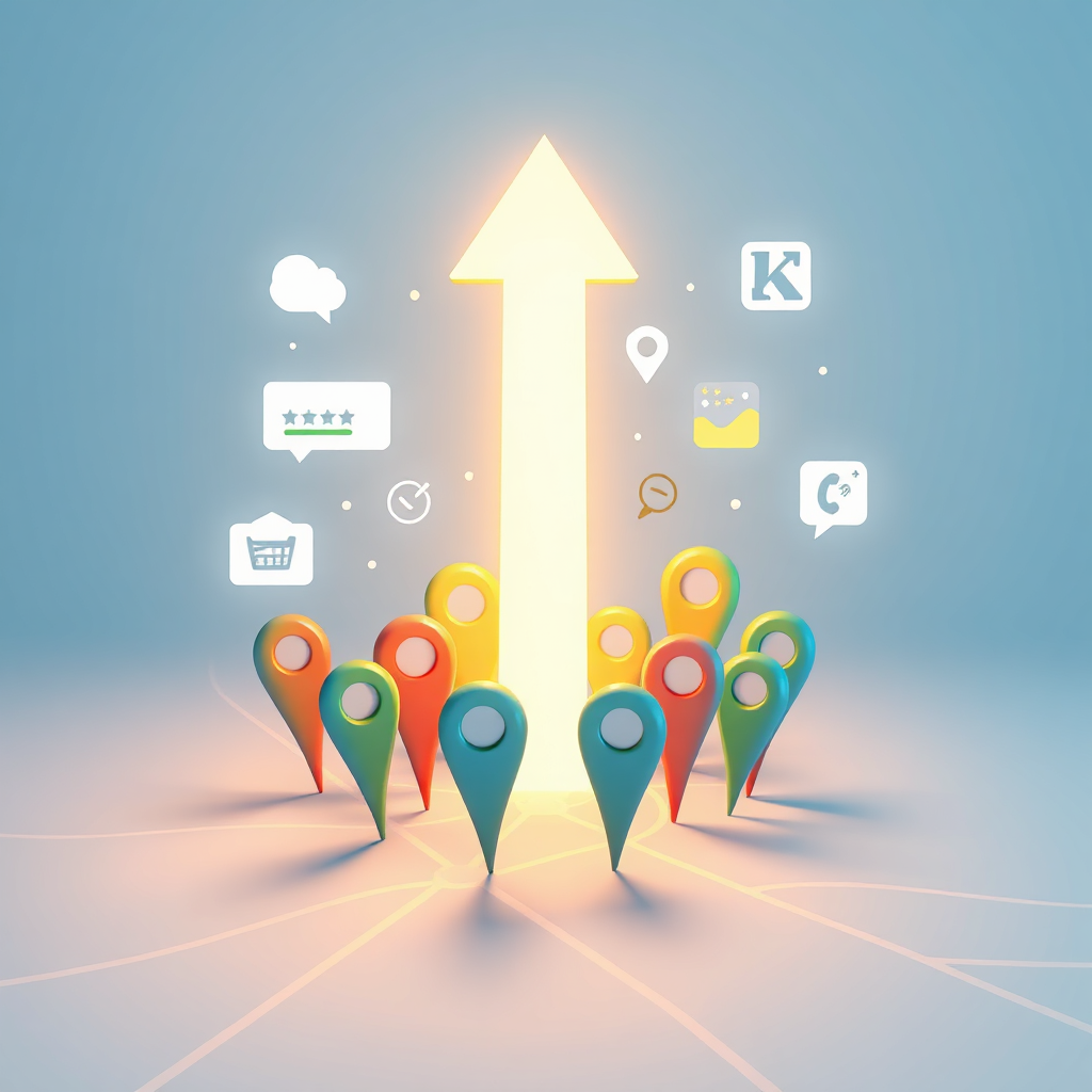 Create a stylized image representing the mission of Google Business Profile Agency. The scene should show a stylized upwards arrow bursting out from a cluster of location pins on a map. The map represents a local area. The arrow is made of light and symbolizes growth and success. Around the arrow are icons representing positive reviews, phone calls, and website clicks. Lighting: Warm and inviting, symbolizing trust and reliability. Color Palette: Predominantly blue and green (representing trust and growth), with highlights of yellow and orange (representing energy and excitement). Camera Angle: Slightly low angle, emphasizing the upward trajectory of the arrow. Environment: Abstract and clean, using a minimalist background. Style references: Modern, clean, and professional, with a focus on visual clarity. Technical specs: 4K resolution, high quality rendering.
