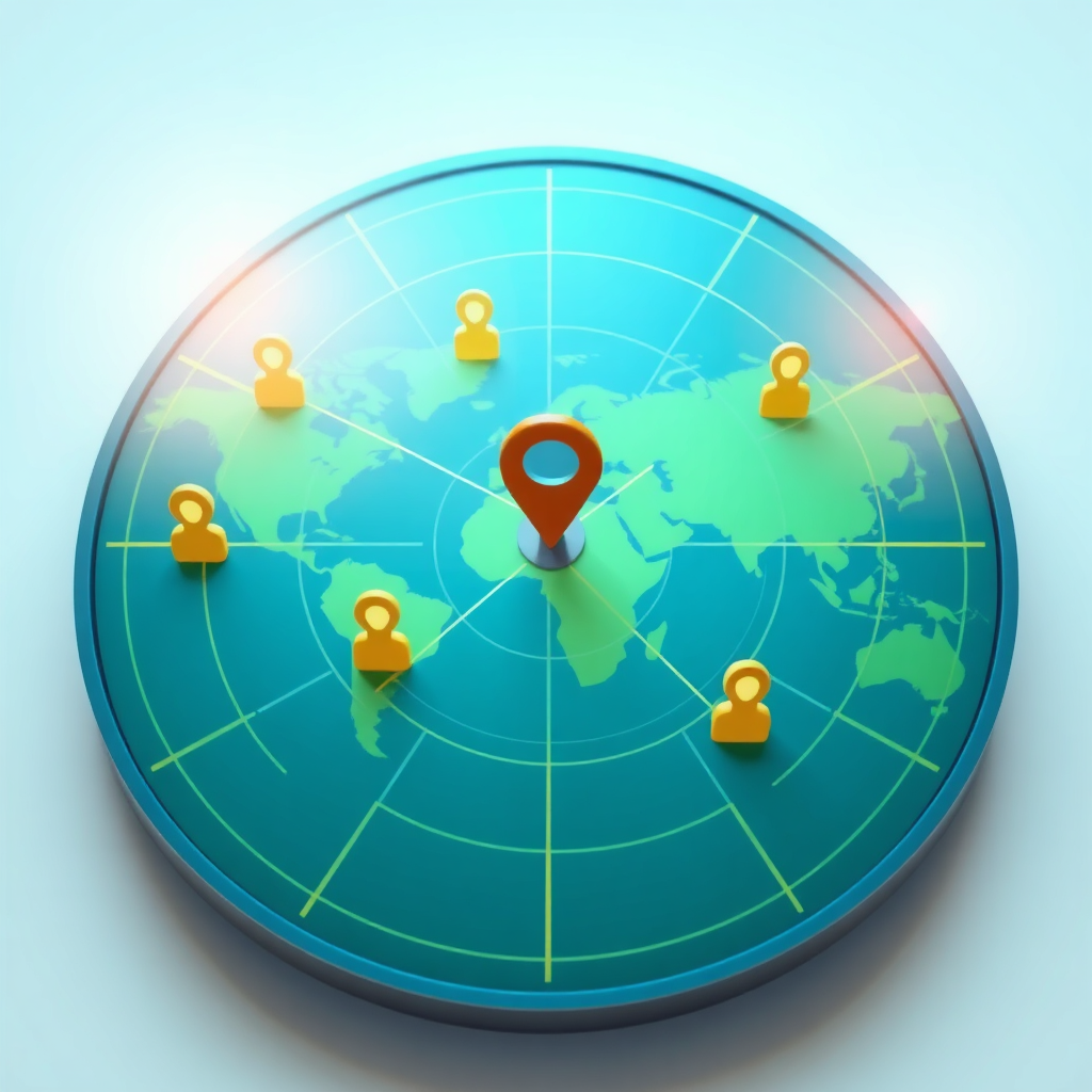 Create a stylized image representing targeted customer reach. The central element is a radar screen displaying a map of a local area. Several stylized icons representing customers are appearing on the screen, each with a line connecting them to a central business location (represented by a pin). The radar screen should be clean and modern, with a focus on visual clarity. Lighting: Soft and diffused, creating a sense of precision and efficiency. Color Palette: Predominantly blue and green, with highlights of yellow to indicate active customer connections. Camera angle: A slightly overhead view of the radar screen, allowing for a full view of the map and customer icons. Environment: A digital environment simulating a radar screen. Style references: Modern and technological, with a focus on ease of understanding. Technical specs: 4K resolution, high quality rendering.
