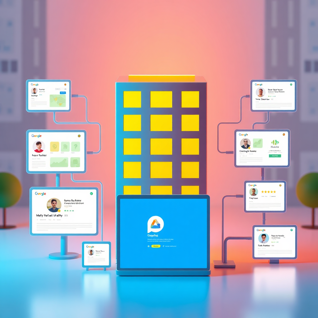 Create a stylized image representing a business's enhanced online presence through Google Business Profile. The central element is a stylized building representing the business, with multiple interconnected screens displaying various aspects of its online presence: website, social media profiles, online reviews, and the Google Business Profile itself. The building and the screens should be seamlessly integrated to symbolize a cohesive online presence. Lighting: Warm and inviting, creating a sense of professionalism and trustworthiness. Color Palette: Use a combination of blue, green, and yellow to represent trust, growth, and optimism. Camera angle: A slightly elevated view, emphasizing the breadth and depth of the online presence. Environment: A clean and modern background, such as a virtual cityscape. Style references: Modern and user-friendly, with a focus on clear and concise visuals. Technical specs: 4K resolution, high quality rendering.