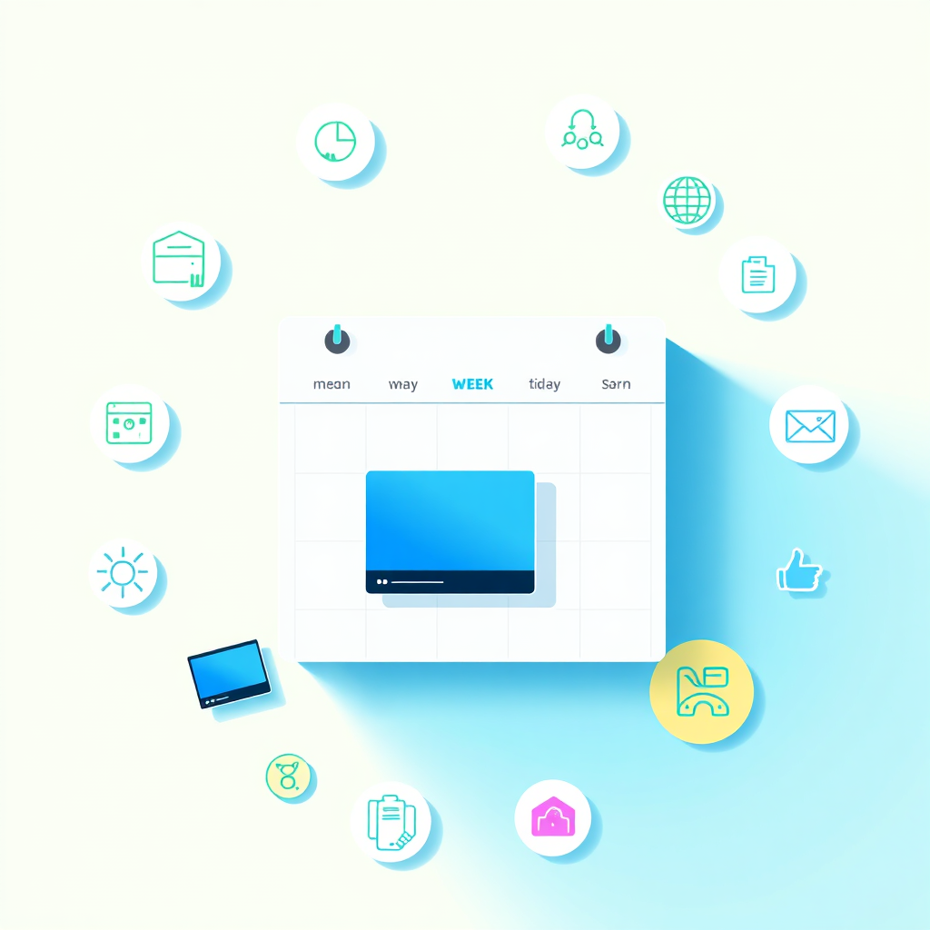 Create a stylized image showcasing a calendar with each week highlighted, featuring a different AI-generated video thumbnail. The calendar is surrounded by icons representing different aspects of video marketing, such as engagement, conversion, and brand awareness. The color palette is bright and modern, with a focus on blues and greens. The lighting is soft and diffused, creating a sense of consistency and reliability. The camera angle is a top-down shot, capturing the entire calendar and its contents. The image should convey the power of weekly video content to keep audiences engaged and drive results. Style reference: editorial illustration, emphasis on visual appeal and information.