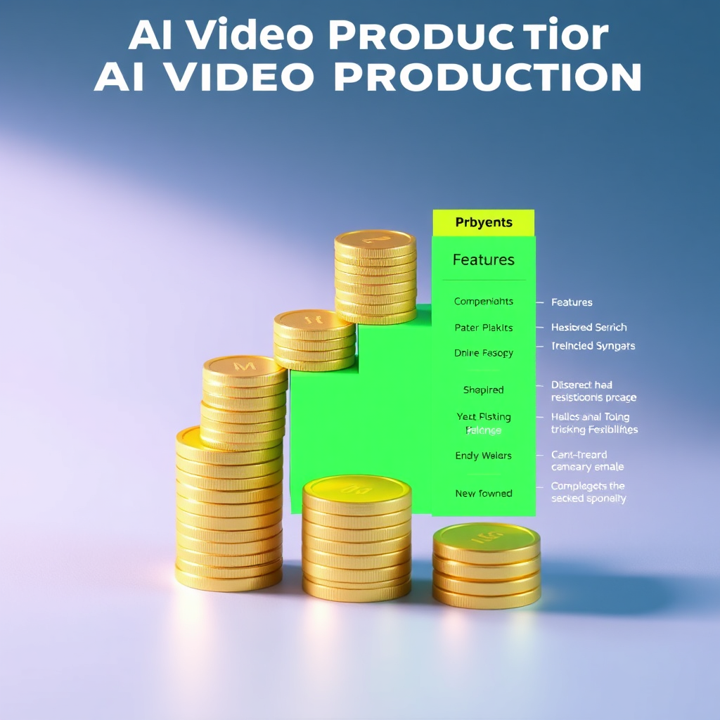 Create a stylized image showcasing different pricing plans for AI video production, with each plan visually represented by a stack of coins and a set of features. The coins are arranged in different heights to represent the different price points. The features are listed next to each stack of coins, highlighting the value of each plan. The color palette is bright and modern, with a focus on greens and yellows. The lighting is soft and diffused, creating a sense of transparency and value. The camera angle is a top-down shot, capturing the entire range of pricing plans and their features. The image should convey the flexibility and affordability of AI video production. Style reference: infographic, emphasis on clarity and visual appeal.