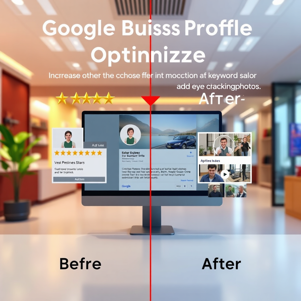Create a visually appealing image that represents Google Business Profile optimization. It should show a Google Business Profile listing undergoing a process of improvement. The listing is being adjusted with virtual tools for a makeover: increasing the rating stars, adding keywords and a compelling description, creating an appealing logo, and adding eye-catching photos. Before and after states are visible in the scene. Color palette: Use Google's brand colors, a blend of brighter and softer hues, to highlight the transformation. Lighting: A professional and friendly atmosphere. Camera angle: A direct, eye-level view to simulate user experience. Style: Modern and digital. Technical specs: 4K resolution, high quality rendering.