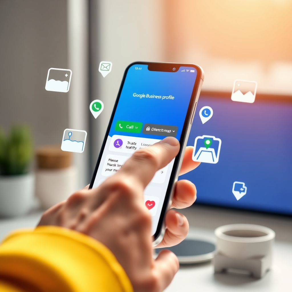 Create a visually appealing image showing a hand interacting with a Google Business Profile on a mobile phone. The phone screen displays various call-to-action buttons, such as 'Call,' 'Directions,' and 'Message.' The hand is shown either tapping or hovering over one of these buttons. Surrounding the phone are stylized icons representing calls, messages, and map directions, indicating successful customer interactions. Lighting: Warm and inviting, creating a sense of immediacy and ease of use. Color Palette: Use a combination of blue and green to represent trust and growth, with a touch of yellow to highlight the call-to-action buttons. Camera angle: A close-up shot, emphasizing the user's interaction with the phone. Environment: A modern and clean background, such as a desk or workspace. Style references: Modern and user-friendly, with a focus on clear and concise visuals. Technical specs: 4K resolution, high quality rendering.