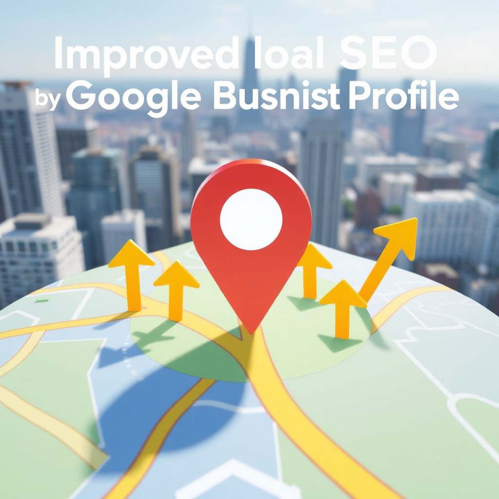 Create a visually compelling image representing improved local SEO through Google Business Profile. The image should feature a Google Maps interface with a business's location prominently highlighted by a pin. Surrounding the pin are stylized upward arrows, symbolizing improved search rankings. The background should feature a cityscape. Lighting: Bright and optimistic, emphasizing the positive impact of SEO improvements. Color Palette: Use a combination of blue, green, and yellow to represent trust, growth, and optimism. Camera angle: A slightly elevated view, emphasizing the business's location and its surroundings. Environment: A modern and clean cityscape. Style references: Modern and user-friendly, with a focus on clear and concise visuals. Technical specs: 4K resolution, high quality rendering.