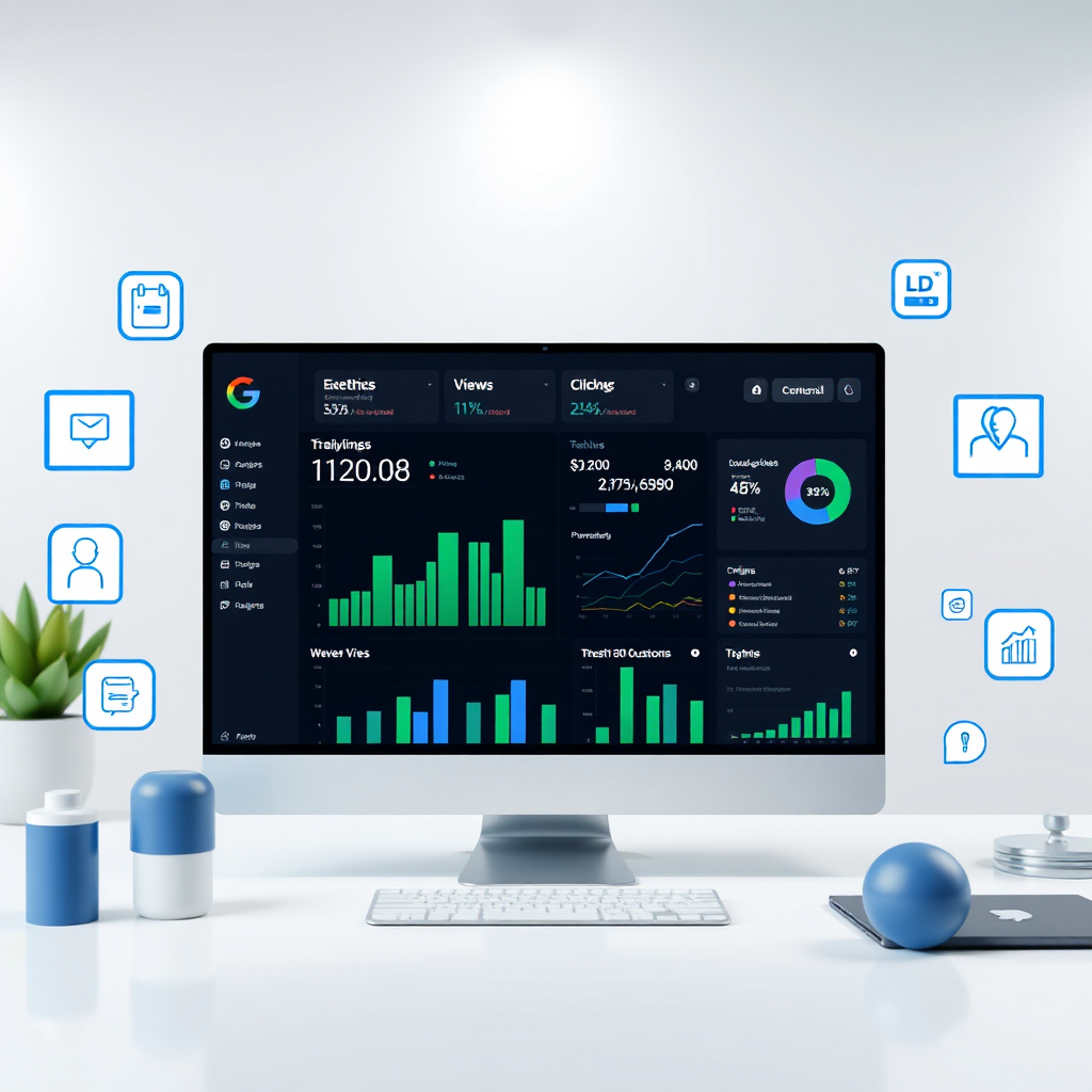 Create a visually compelling image representing performance tracking for Google Business Profile. It features a dashboard displaying key metrics such as views, clicks, and customer actions. The dashboard should be visually appealing and easy to understand, with charts and graphs clearly illustrating the data. Surrounding the dashboard are stylized icons representing data points and customer interactions. Lighting: Soft and focused, emphasizing the clarity and accessibility of the data. Color Palette: Use a combination of blue, green, and gray to represent trust, growth, and analytical precision. Camera angle: A direct, eye-level view of the dashboard, simulating the user's perspective. Environment: A modern and clean workspace. Style references: Modern and user-friendly, with a focus on clear and concise visuals. Technical specs: 4K resolution, high quality rendering.
