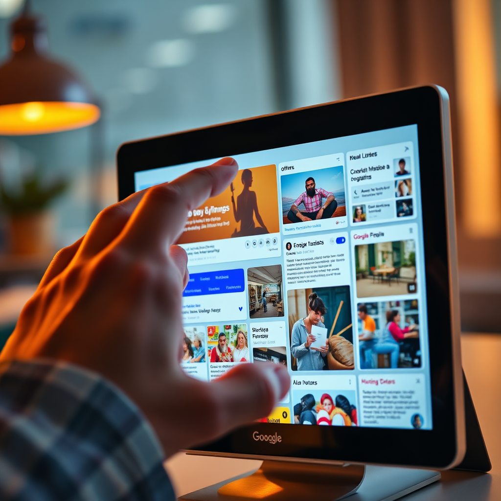 Create a visually engaging image of various Google Business Profile content types (posts, offers, photos, videos) being created on a digital device. A user's hand is interacting with the device, and the screen displays eye-catching visuals and compelling text. The content should be diverse and relevant to different industries. Lighting: Warm and inviting, creating a sense of creativity and engagement. Color Palette: Use a combination of bright and vibrant colors to capture attention. Camera angle: A close-up shot, emphasizing the user's interaction with the device and the variety of content being created. Environment: A modern and clean workspace. Style references: Modern and user-friendly, with a focus on clear and concise visuals. Technical specs: 4K resolution, high quality rendering.
