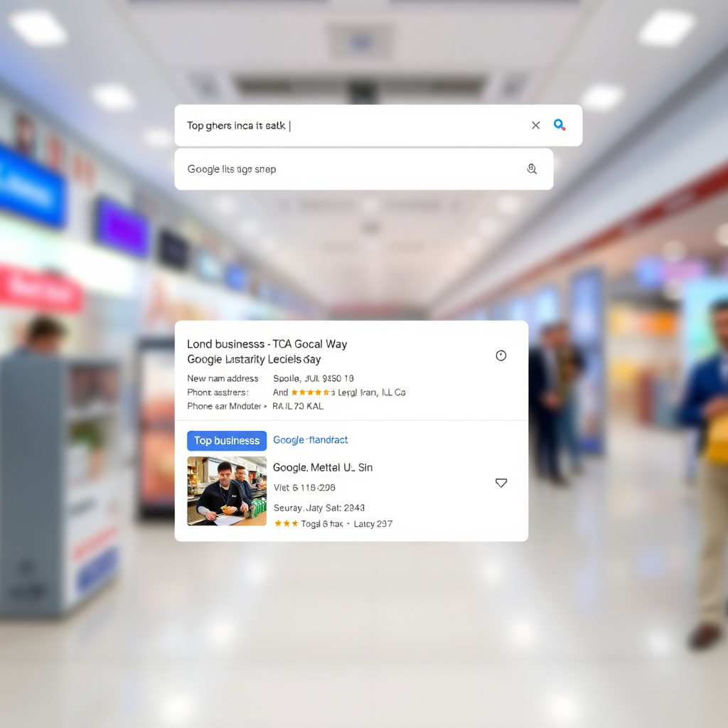 Create a visually striking image of the Google Local 3-Pack as it appears in Google Search results. The image should prominently display the top three businesses listed, with a clear visual hierarchy emphasizing their placement. Each business listing should include essential information like name, address, phone number, and star rating. The background should be blurred to focus attention on the Local 3-Pack. Lighting: Bright and evenly distributed to ensure clarity and readability. Color Palette: Use Google's brand colors (blue, green, yellow, red) to highlight key elements. Camera angle: A direct, eye-level view of the Local 3-Pack, simulating the user's perspective. Environment: A digital environment simulating Google Search results. Style references: Clean, modern, and professional, with a focus on user-friendliness. Technical specs: 4K resolution, high quality rendering.