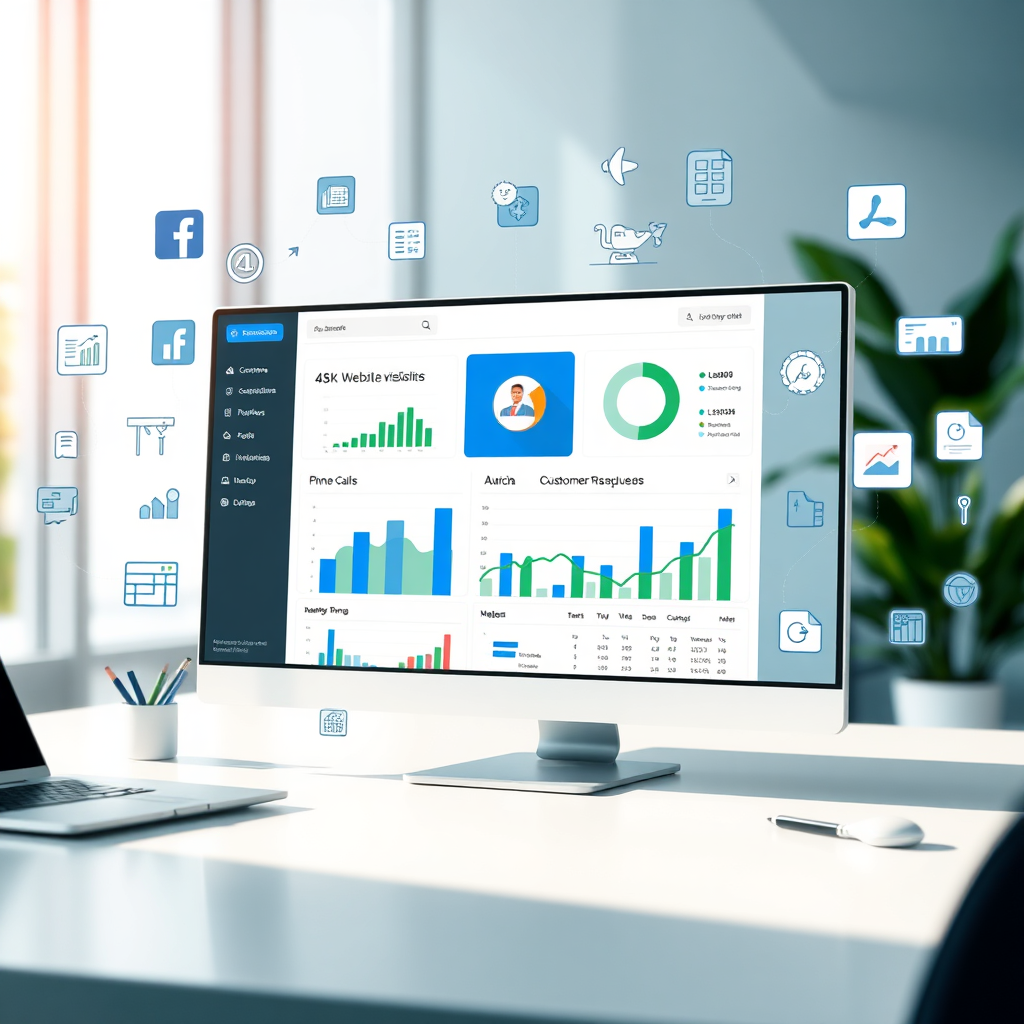 Create an image that represents data-driven insights from Google Business Profile. The image should feature a dashboard displaying charts and graphs showing key metrics such as website visits, phone calls, and direction requests. Surrounding the dashboard are stylized icons representing data points and customer interactions. The dashboard should be visually appealing and easy to understand. Lighting: Soft and focused, emphasizing the clarity and accessibility of the data. Color Palette: Use a combination of blue, green, and gray to represent trust, growth, and analytical precision. Camera angle: A direct, eye-level view of the dashboard, simulating the user's perspective. Environment: A modern and clean workspace. Style references: Modern and user-friendly, with a focus on clear and concise visuals. Technical specs: 4K resolution, high quality rendering.