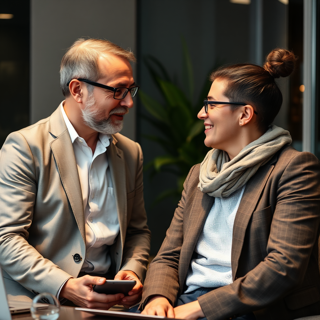 Depict a one-on-one coaching session between an AI business expert and an aspiring agency owner. The scene should convey trust, collaboration, and knowledge transfer. Include elements of technology and business strategy. 4K resolution, high quality.