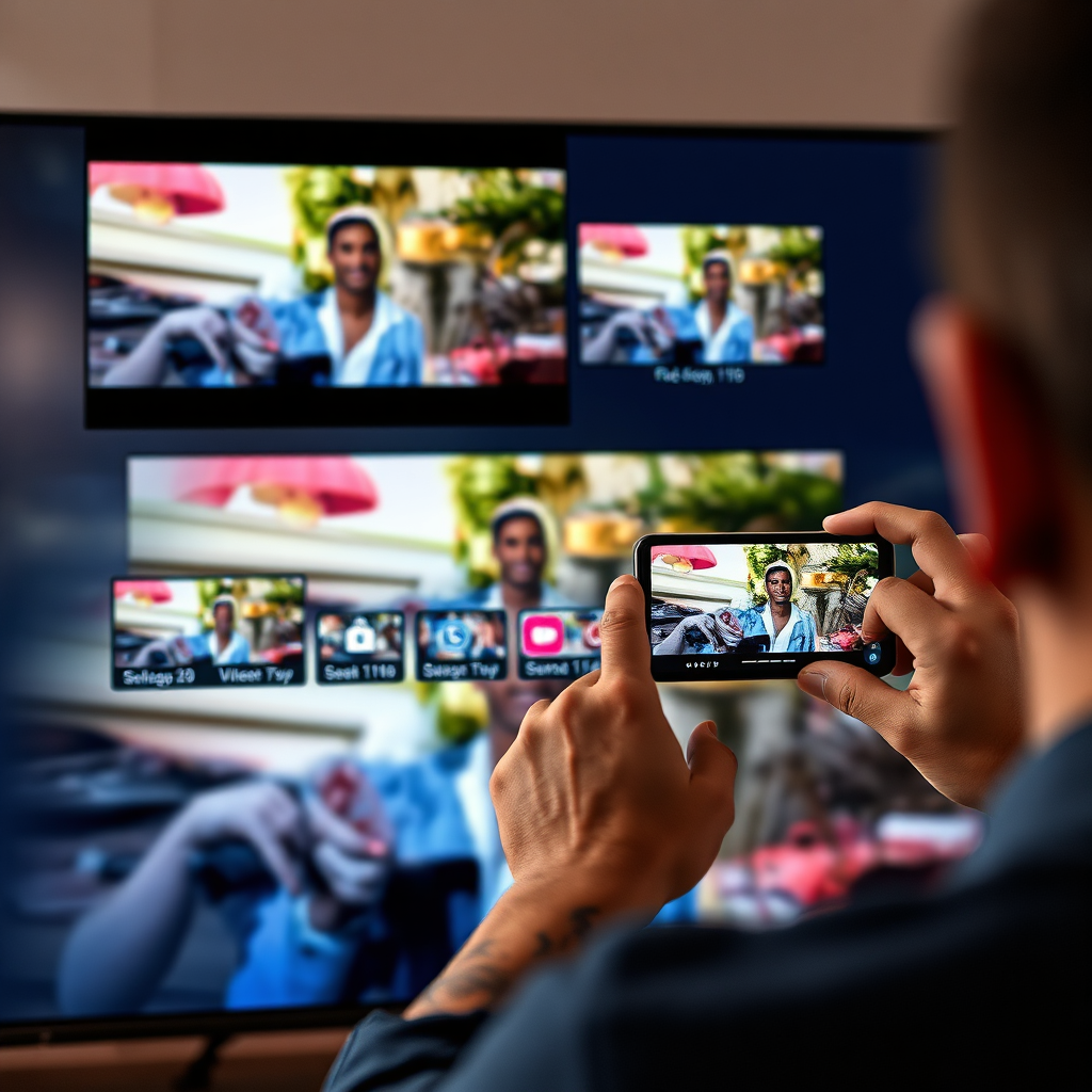 Different sized video platforms displayed on the screen. A person is resizing a video for various social media platform. 4K