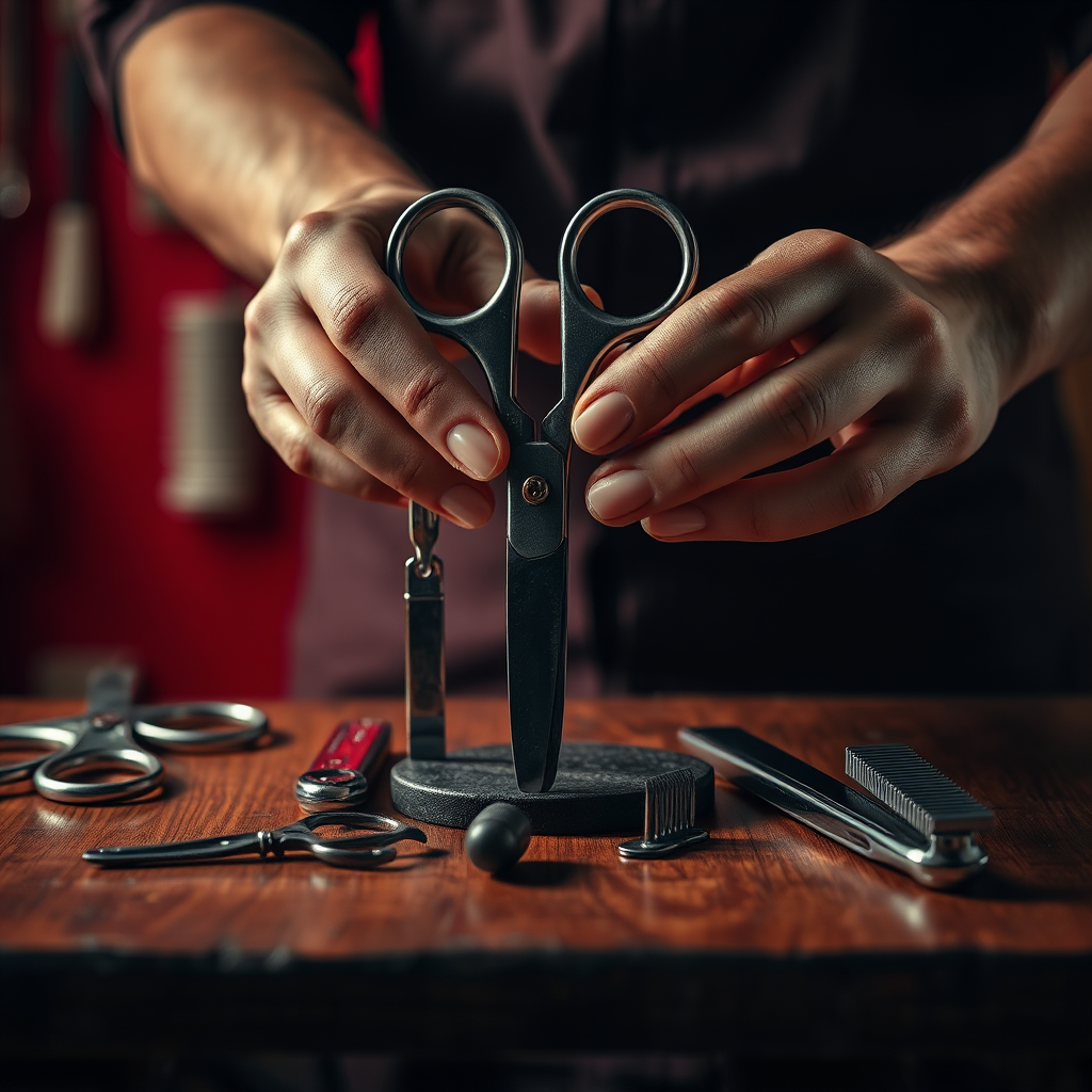A photorealistic image showing a close-up of hands carefully arranging barber tools on a dark wooden countertop. The tools include scissors, combs, and a straight razor. Soft, warm lighting highlights the details and textures of the tools and the wood. The background is blurred, suggesting a busy barber shop environment. The overall mood is professional, skilled, and focused on quality. Consider a style reminiscent of a still life painting with a modern twist. 4K resolution, high quality.