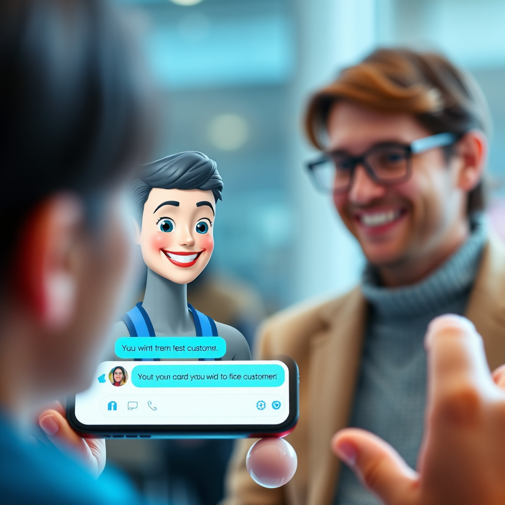 Generate a photorealistic image of an AI avatar seamlessly integrated into a chatbot interface, interacting with a customer. The avatar is displayed on a smartphone screen, with the chatbot conversation displayed below. The customer is smiling and engaged, indicating a positive interaction. The color palette is bright and modern, with a focus on blues and greens. The lighting is soft and diffused, creating a sense of trust and connection. The camera angle is a medium shot, capturing the avatar's expressiveness and the customer's reaction. The image should convey the power of AI-powered chatbots to personalize customer interactions and drive conversions. Style reference: modern customer service interaction, emphasis on user experience.