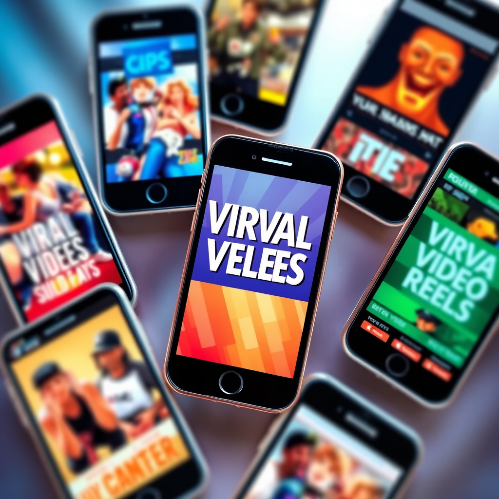 Generate a stylized, dynamic image showcasing a series of viral video reels displayed on various smartphones. The reels feature different themes and styles, from humorous skits to informative tutorials. The smartphones are arranged in a visually appealing pattern, with vibrant colors and eye-catching graphics. The background is blurred, focusing attention on the reels themselves. The lighting is bright and energetic, creating a sense of excitement and momentum. The camera angle is a high-angle shot, capturing the diversity and impact of the reels. The image should convey the power of short-form video content to capture attention and drive engagement. Style reference: pop art, emphasis on visual appeal and dynamism.