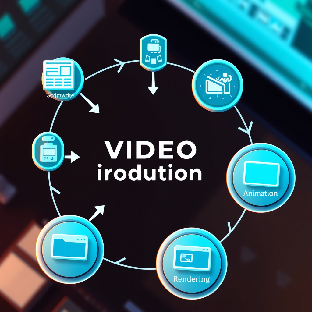 Generate a stylized image showcasing a streamlined video production workflow powered by AI. The image should feature a series of interconnected icons representing different stages of the process, such as scriptwriting, animation, and rendering. The icons are arranged in a circular pattern, with arrows indicating the flow of information. The color palette is bright and modern, with a focus on blues and greens. The lighting is soft and diffused, creating a sense of efficiency and ease. The camera angle is a top-down shot, capturing the entire workflow and its interconnectedness. The image should convey the speed and efficiency of AI-powered video production. Style reference: infographic, emphasis on clarity and visual appeal.