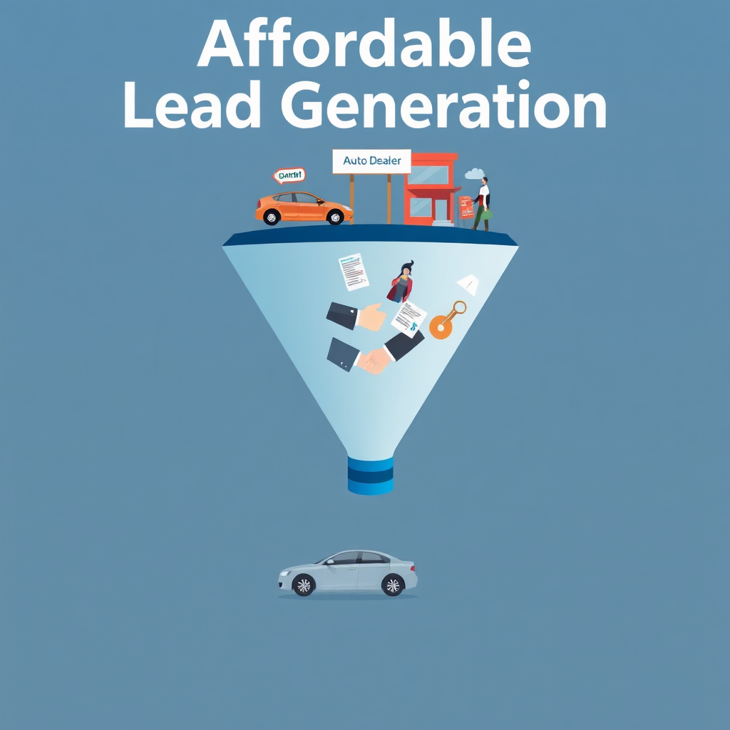 A stylized image showcasing a digital 'key' unlocking a treasure chest filled with car icons, symbolizing access to valuable leads. The color palette includes bright blues and yellows, representing affordability and opportunity. The background is a blurred image of a car dealership. Style reference: Marketing and promotion. Technical Specifications: 4k resolution, high quality.