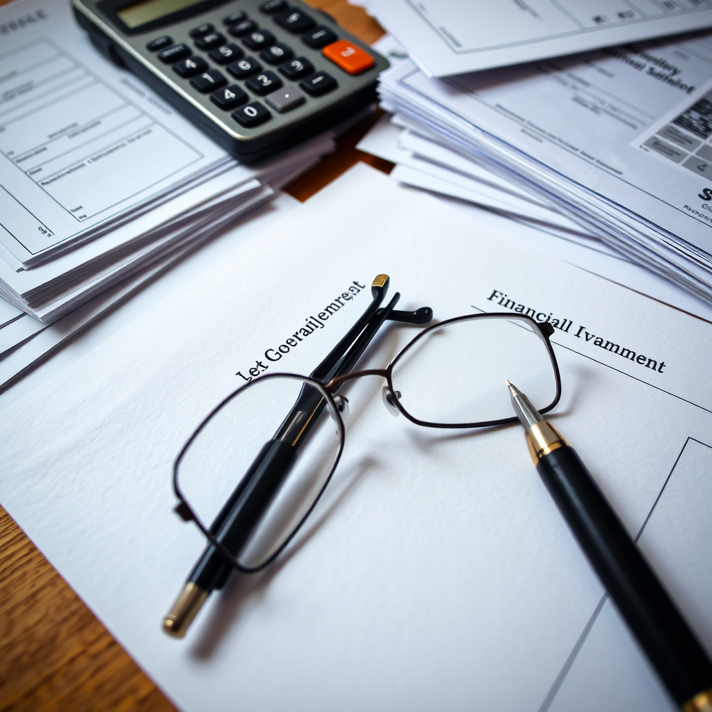 Organized desk with pension paperwork