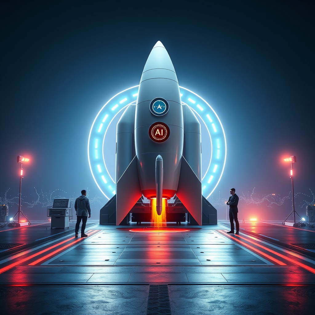 Imagine a modern, sleek launchpad with a futuristic AI agency 'rocket' ready for takeoff. The scene is brightly lit with a sense of innovation and excitement. Include elements of digital technology and a team of experts ready to assist. 4K resolution, high quality.