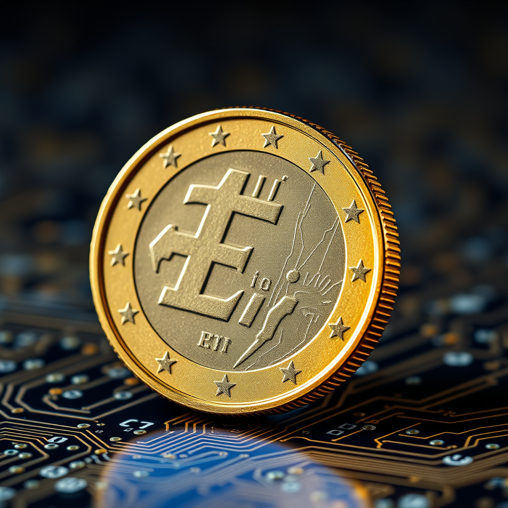 Photorealistic image of a euro coin morphing into a vibrant, modern website interface. The coin is partially embedded in a digital circuit board, symbolizing the intersection of affordability and technology. Lighting is dramatic, highlighting the transformation. Color palette: gold and electric blue. Focus is sharp on the coin and the emerging website.