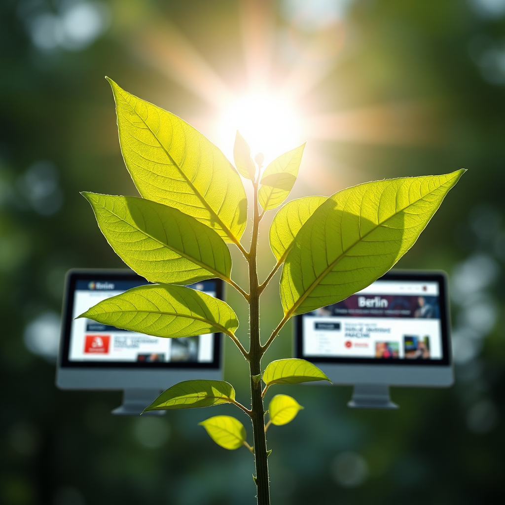 Photorealistic image of a growing plant with leaves turning into computer screens displaying websites of Berlin businesses. The plant grows towards the sun, symbolizing growth and success.
