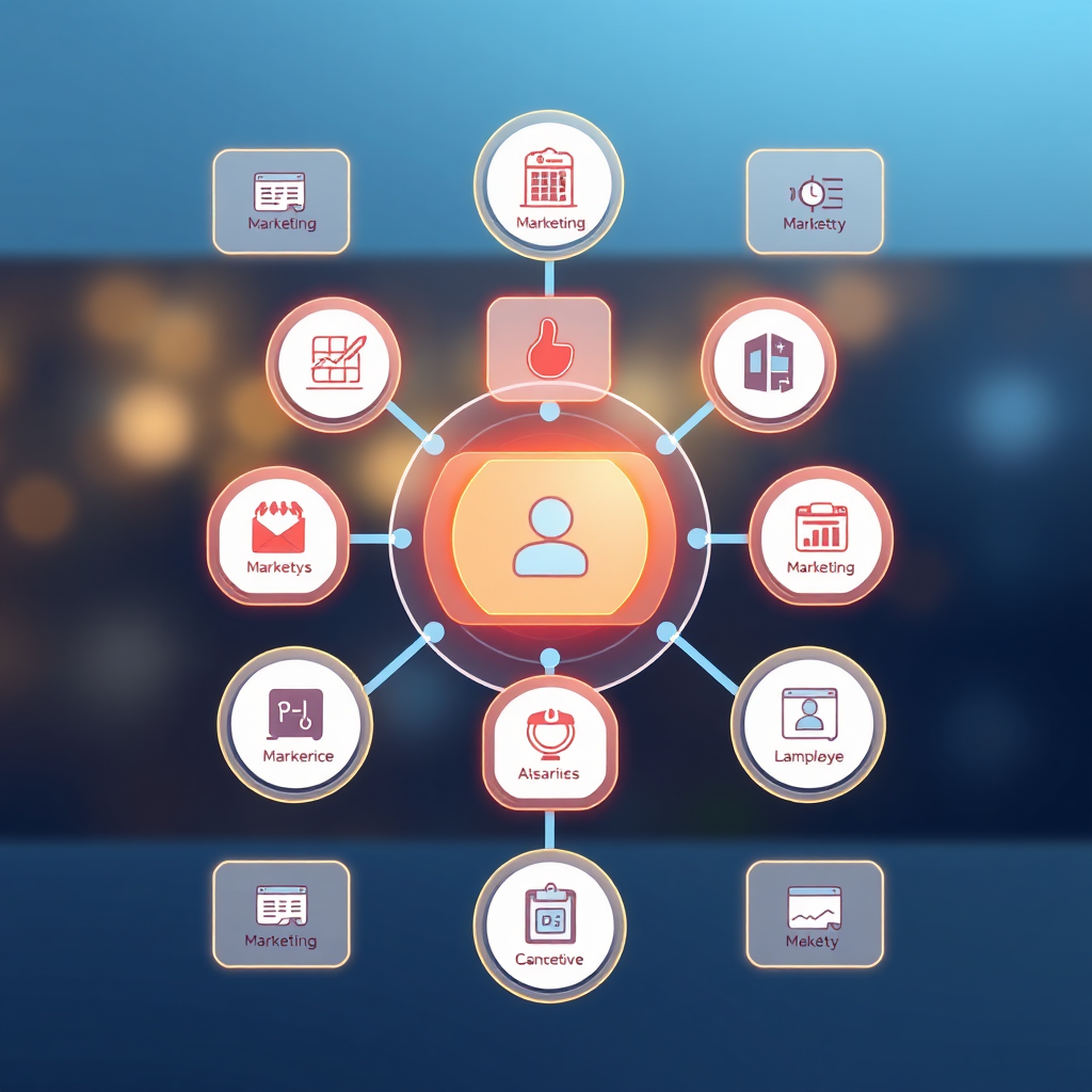 Visualize a centralized digital platform with interconnected modules representing different business functions (marketing, sales, client management, etc.). The platform should be user-friendly and visually appealing, demonstrating seamless integration. 4K resolution, high quality.