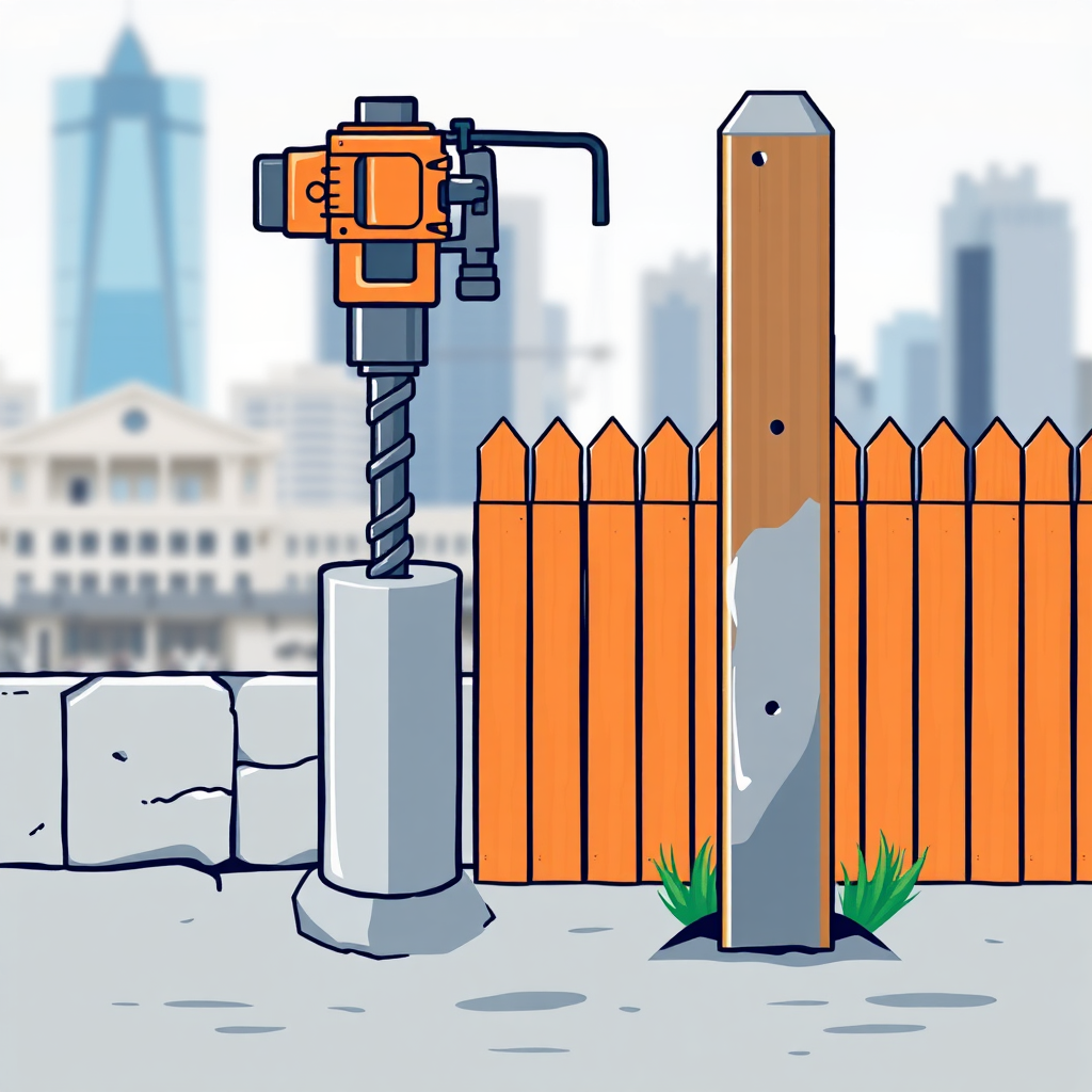 A 4K, high-quality image of stylized illustration combining elements of concrete core drilling and a newly installed fence. The illustration uses a geometric style. A core drill is shown extracting a perfect cylindrical core of concrete. Next to it, a sturdy fence post stands firmly in the ground. The color palette should consist of strong blues, oranges and greys. The image should convey a sense of precision, strength, and reliability. The background should be a blurred cityscape to subtly indicate the urban setting where HHRP Core Drilling Solutions operates.
