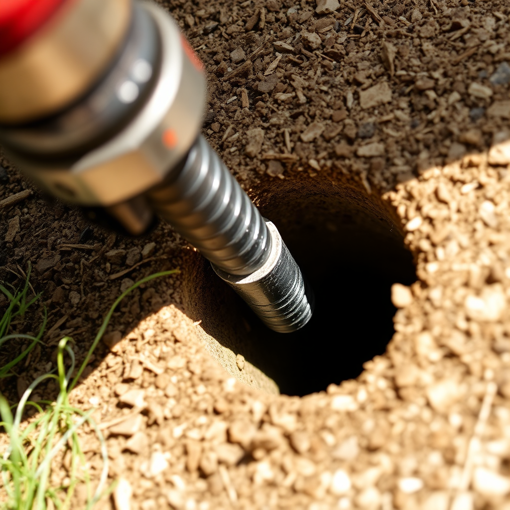 A close-up image showcasing a perfectly drilled core hole with a securely installed fence post. The image should highlight the precision and stability of the installation. The lighting should be bright and focused on the core hole and the fence post. A macro shot is needed.