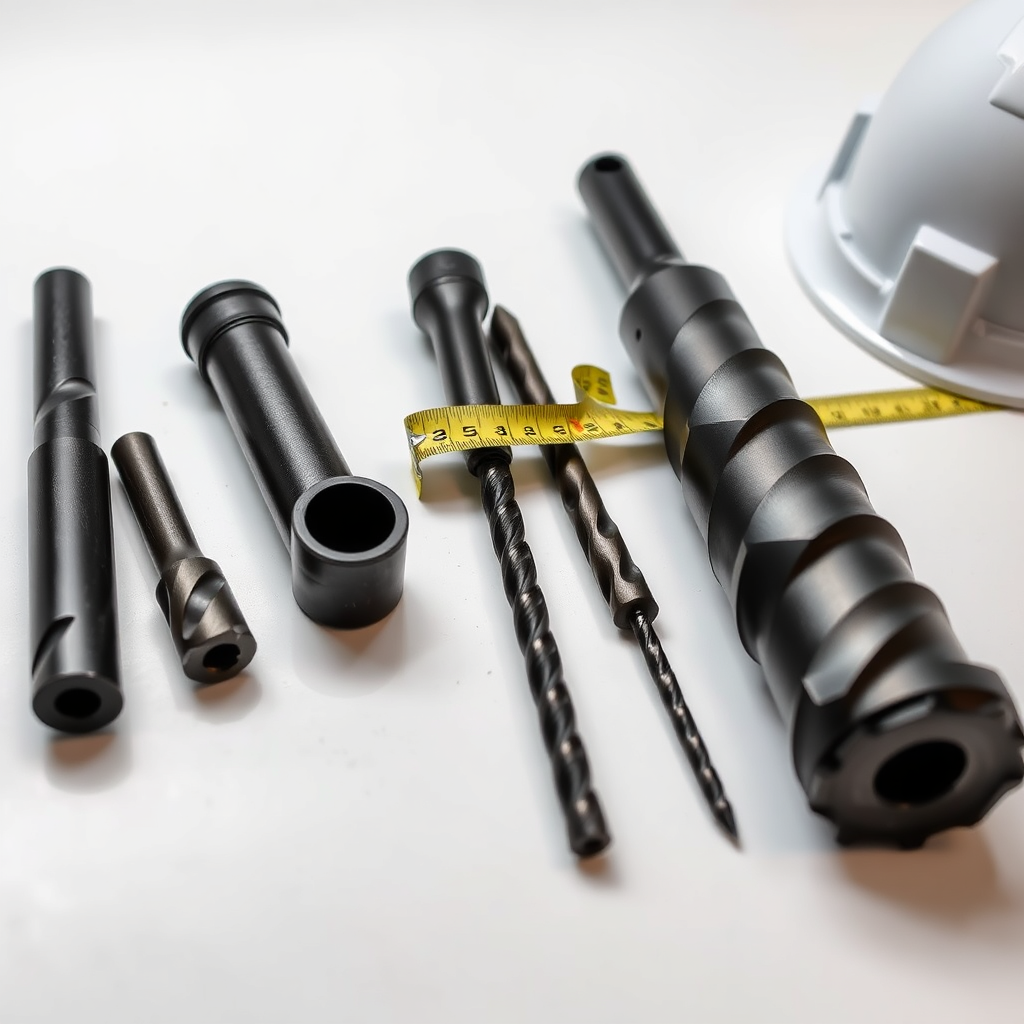 A detailed photograph of various core drilling bits and equipment laid out on a clean surface. The lighting should be even and well-distributed to showcase the different sizes and shapes of the bits. Include a measuring tape and a safety helmet to provide scale and context. The camera angle should be a slightly elevated perspective to capture the entire arrangement.
