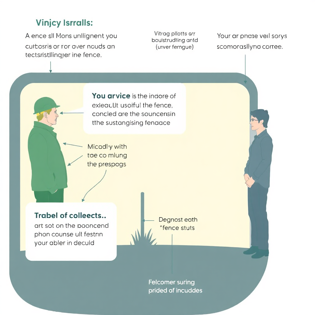 A diagram showcasing a customer consulting with an HHRP Core Drilling Solutions representative to discuss their specific fence installation requirements, including terrain, fence style, and budget. The scene should convey collaboration and problem-solving. A soft, diffused lighting is required.