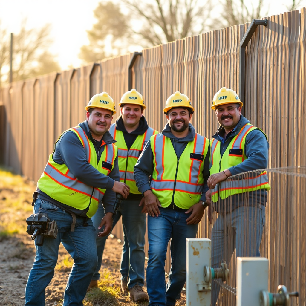 A photograph of a team of HHRP Core Drilling Solutions professionals working on a fence installation project. The team should appear confident, skilled, and collaborative. The lighting should be warm and natural. A medium shot is best.