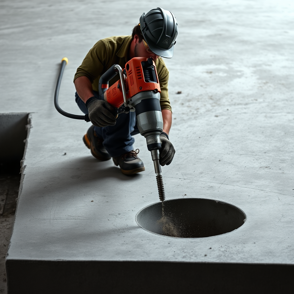 A photograph showcasing a professional using a concrete core drill on a large, gray concrete slab. Emphasize the power and control of the equipment. The lighting is balanced and shows the texture of the concrete.