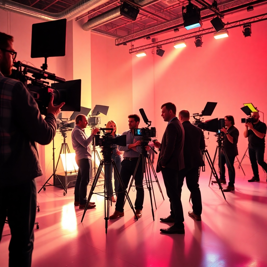 A photorealistic, 8K resolution image depicting a professional film crew working on a vibrant video shoot.  The scene showcases a modern, minimalist studio with professional lighting equipment.  The lighting is bright and dynamic, emphasizing the energy of the production.  The color palette is bold and vibrant, with rich colors contrasting to create a dynamic and exciting mood. The camera angle is a dynamic shot, capturing the action and energy of the scene from a slightly elevated perspective. The crew is dressed professionally and focused on their work.  The textures of the camera equipment and studio environment are highly detailed, showcasing a realistic and professional feel. There's a sense of movement and activity, emphasizing a fast-paced production.  The background features professional lighting and sound equipment.  The overall style should be reminiscent of the high-octane energy of a Hollywood film set, possibly referencing the style of a behind-the-scenes photo from a Steven Spielberg production or similar work. The image should convey a feeling of professionalism, creativity and top-tier production quality.