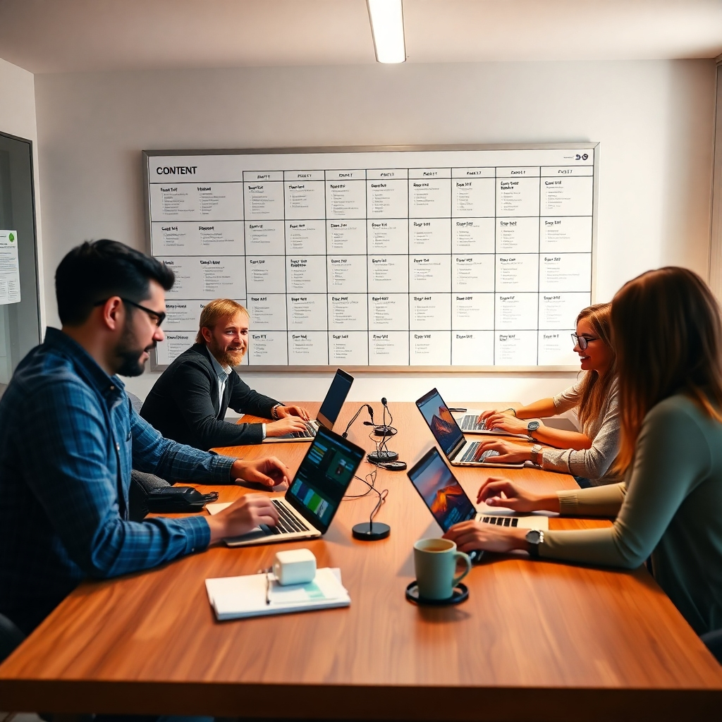 A photorealistic image depicting a team of content creators collaborating around a table, using laptops and digital tablets, with a large project management board on the wall showcasing task assignments and timelines. The scene should be bright, modern, and show a sense of teamwork and efficiency. The focus should be on the collaborative workflow and the use of technology to streamline the content creation process.