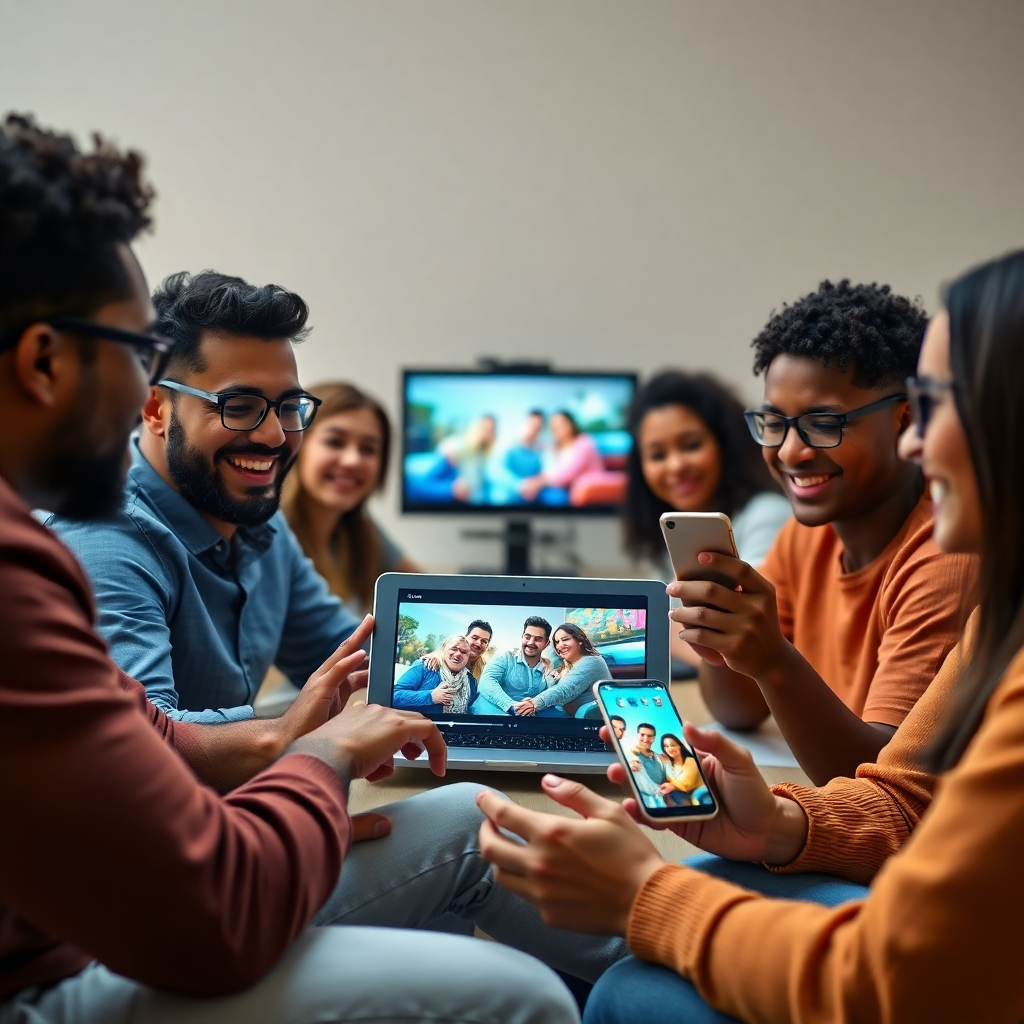 A photorealistic image of a diverse group of people happily watching a short, engaging video on various devices (laptop, tablet, smartphone). The video should feature bright, dynamic visuals and a clear call to action. The background should be subtly blurred.