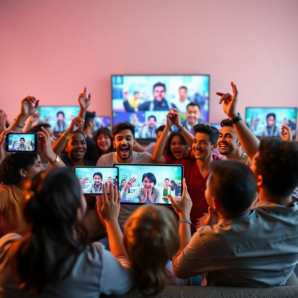 A photorealistic image of a diverse group of people enthusiastically watching a high-quality video on various devices. The background could subtly incorporate different video platforms and social media.  The scene should feel vibrant, dynamic, and showcase positive viewer reactions and engagement with the video content. The image should convey a feeling of excitement and connection.