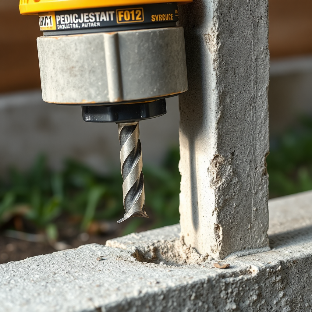 A photorealistic image of a drill bit precisely cutting through concrete to create a fence post hole. Focus on the sharpness of the cut and the precision of the equipment. The lighting is bright and focused.