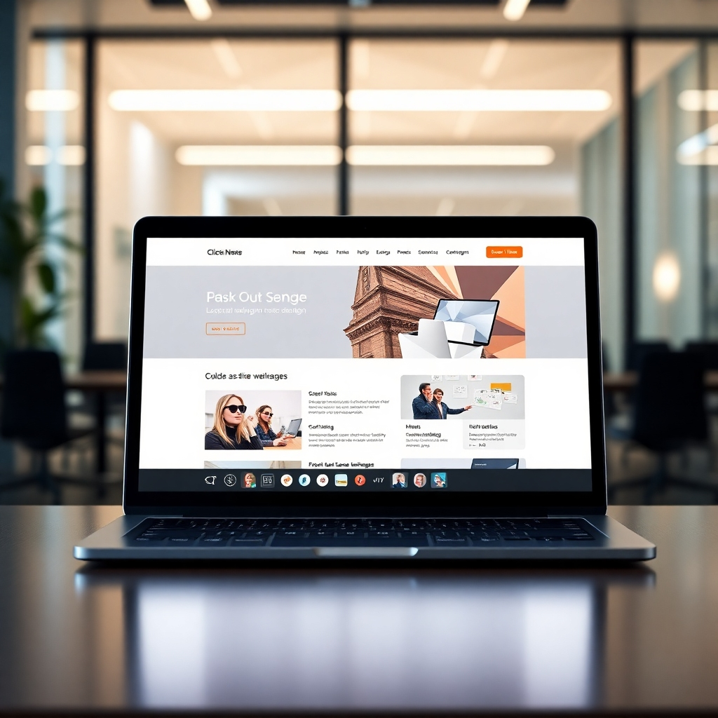 A photorealistic image of a modern, clean, and responsive website design on a laptop screen, showcasing a seamless user experience with high-quality visuals and intuitive navigation.  The background should be a blurred image of a modern office space.