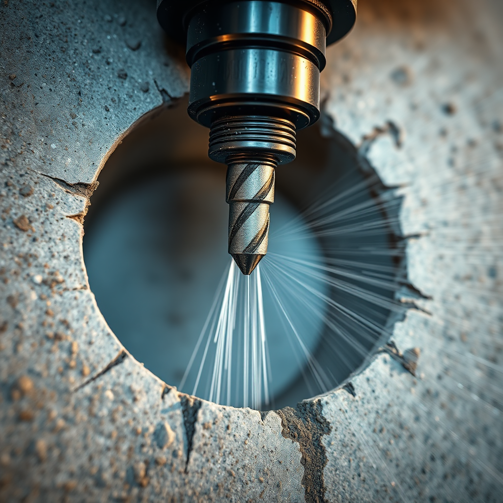 A photorealistic image showcasing a close-up view of a concrete core drilling bit in action, creating a perfectly circular hole. The lighting should highlight the precision of the drill and the texture of the concrete. Include water spray to emphasize the cooling process. The camera angle should be close and slightly angled to show the depth of the hole being drilled. The background should be blurred to keep the focus on the drilling process.